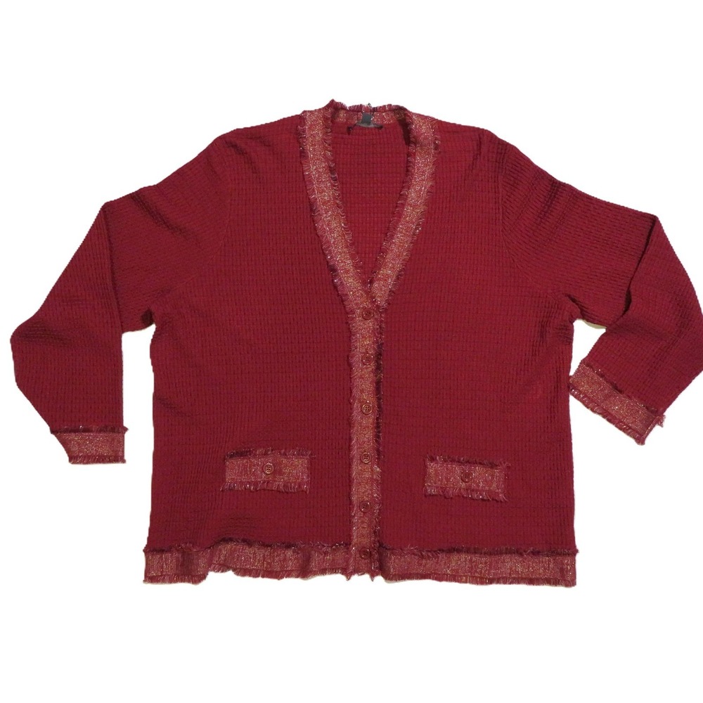 NWT 2X Adrianna‎ Papell Fray Trim Waffle Knit Cardigan Cranberry Gold